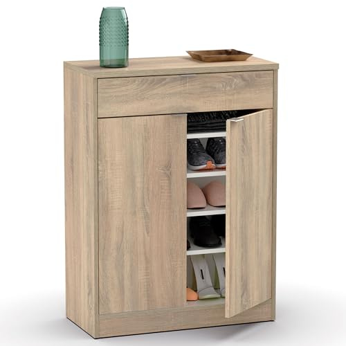 briebe Zapatero Entrada Recibidor, Mueble Auxiliar Estrecho Dormitorio, 2 Puertas, 1 Cajón 101x75x36 cm (Alto x Ancho x Profundo), 20 Pares Zapatos, Domus Roble Cambrian