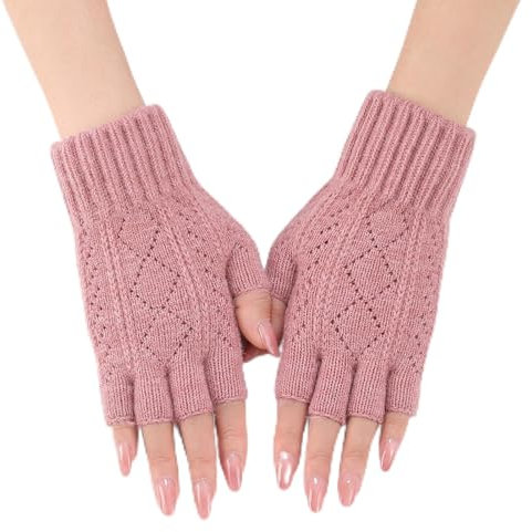GIBZ Guanti da Donna in Maglia Guanti Termici e Morbidi Senza Dita per Invernali, Rosa Cipria