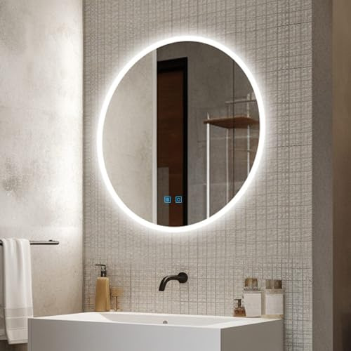 Finmrys Badspiegel mit Beleuchtung Rund 90 cm mit Touch-Schalter Beschlagfrei Badezimmerspiegel LED Dimmbar Kaltweiß Warmweiß 35.43 inch