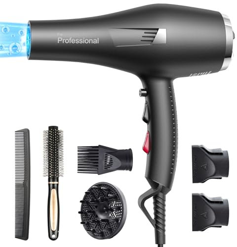 HappyGoo Föhn Ionen Fön Schnelles Trocknen Salon, Haartrockner mit 2 Geschwindigkeiten 3 Wärmeeinstellungen, Haarfön mit Diffusor, Konzentrator Kamm (grauschwarz)