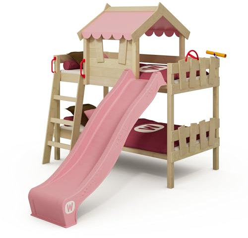 Wickey Culla Crazy Fancy – Lettino a castello per bambini in legno massello con tettuccio – 90 x 200 cm – telo rosa pastello