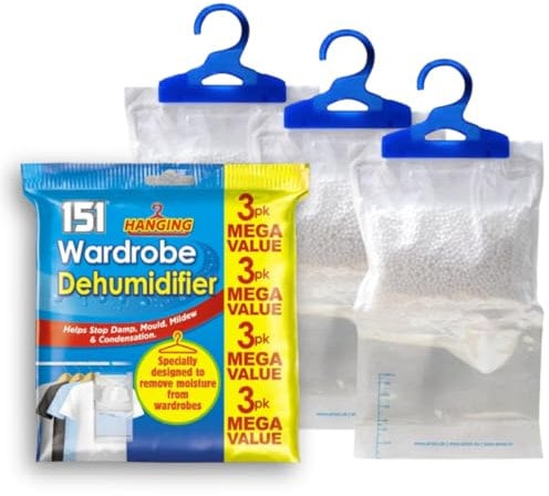 FERRIS | 3pk Hanging Dehumidifier for Wardrobes - Stops Damp, Mould, Mildew & Condensation | Moisture Absorber for Wardrobes & Closets Ideal for Preventing Humidity in Enclosed Spaces - 180g Each