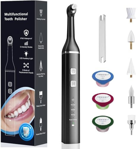 Tooth Polisher Stain Remover for Teeth, Electric Teeth Stain Remover Teeth Cleaning Plaque Removal whitening for Yellow Teeth, Teeth Polisher with 5 Brush Heads&3 Polish Paste