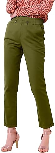 Enorsia Womens Tapered Leg Trousers - Adjustable Waist with Metal Popper Trendy Waist Belt Concealed Fly Front Fastening (10, Olive)
