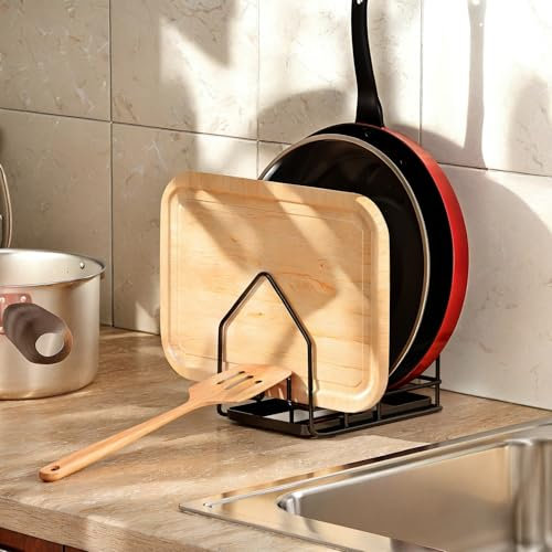 PAVSTINE Rangement Casserole Tiroir Cuisine avec Bac D'égouttage, Range Couvercle Casserole pour Couvercle de 16 à 34 cm, Support Planche a Decouper, Porte Couvercle, Repose Cuillère Cuisine, Noir