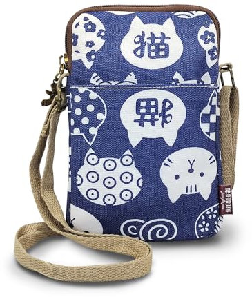 FuninCrea Handy Umhängetasche Leinen Klein Crossbody Bag Damen, Kleine Umhängetasche Damen 3-Lagen-Taschen Handy Tasche mit Reißverschluss und Verstellbarem Schulterriemen (Blaue Katze)