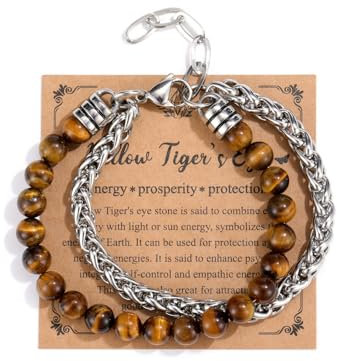 Jovivi Herren Armband Tigerauge Doppel Wickelarmband Edelstahl Panzerkette Tigerauge Armband Doppellagiges Armbänder Heilsteine Armbänder Reiki Glückbringen Herren Geschenke für Männer