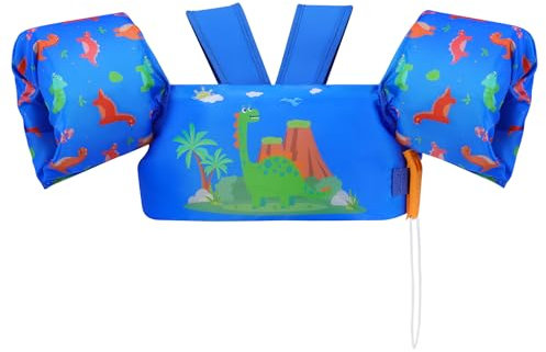 MoKo Chaleco de Natación Ajustable para Niños de 20 a 50 lbs, Manguitos Flotadores de Natación de Doble Uso, Brazaletes de Natación Flotante con Silbato, Flotadores de Piscina, Dinosaurio Azul