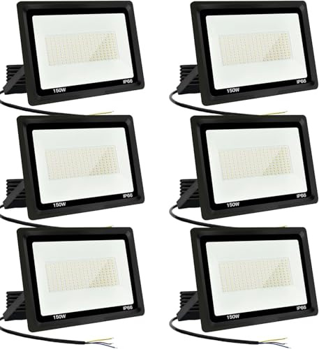 Focos LED Exterior 150W Proyector LED Exterior 15000LM IP66 Impermeable Foco Proyector LED 6500K Blanco Frío Floodlight para Casa, Garaje, Patio, Terraza, Campo (6pcs)