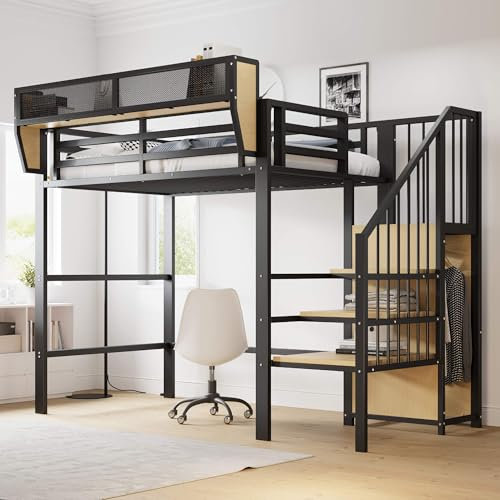 HYUB Hochbett Jugendbett 90x200 cm mit Treppe und Stauraum, Etagenbett Metallbett mit Kleiderschrank und Lattenrost, Bettgestell mit Rausfallschutz, Schwarz