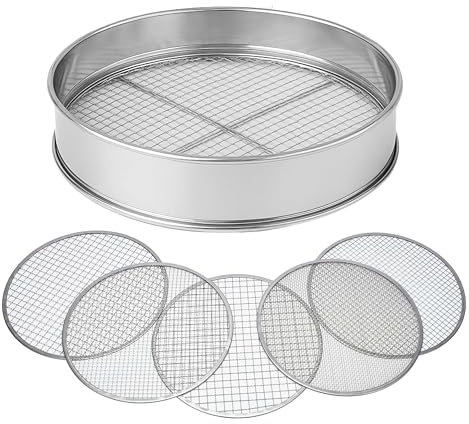 ADEPTNA 5Pcs Stainless Steel Soil Sieve Set Heavy Duty Garden Compost Sifter with 5 Interchangeable Mesh Inserts (3mm, 5mm, 8mm, 10mm, 12mm) Multi-Purpose Sifting Pan for Soil Sand Gravel Compost