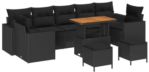 vidaXL 10-teiliges Gartensofa-Set mit Kissen in Schwarz, aus Poly Rattan und Akazie für Deine Terrasse. Ideales Lounge-Möbel für Deine Outdoor-Sitzgruppe auf dem Balkon.
