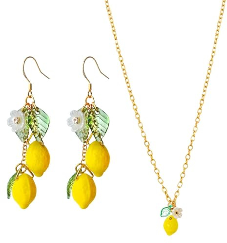 QIXNBL 1 Paire De Boucles d'oreilles Citron, 1 Collier Pendentif Citron, Jolies Boucles d'oreilles Fruits, Collier Petite Fille, Accessoires De Vacances D'Été.