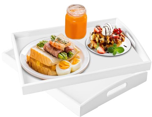 SHUESS 2 Pack Wooden Tray - 41 x 28 x 5cm Rectangular White Bamboo Tray with Handles - Trays for Food Serving - Large Serving Trays with Handles for Breakfast, Tea, Coffee, Eating