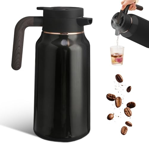 Thermoskanne, 2L Edelstahl Doppelwandige Isolierkanne mit Quick Press Verschluss, Kaffeekanne mit Holzopti Griff, Teekanne, Kaffeekanne Thermo für Kaffee, Tee, Wasser, Milch