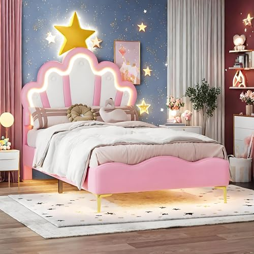 SHAODENG Jugendbett 90x200 Prinzessinnen Bett, LED Bett mit Verstellbar Kopfteil in kronenförmiges, Rosa Einzelbetten Bettgestell, Mädchenbett Polsterbett aus PU, ohne Matratze