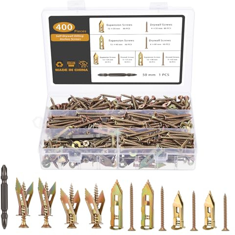 Gueenky 400 Pièces Chevilles avec Vis pour Plaques de Plâtre, 30 mm 40 mm Cheville Beton Vis Cheville Placo Autoforeuses, Chevilles Expansion et Vis Fixations pour Murale en Plaques de Plâtre