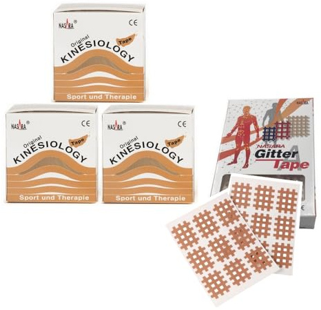 Nasara Original Kinesiologie Physio Tape für Sport und Medizin, 4er Set mit 3 Rollen beige und 1x Nasara Gitter Tape Typ A