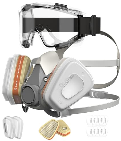 AIMAX Atemschutzmaske mit A1P2 Filter, Gas Maske Staubfilter und Schutzbrille, Wiederverwendbare Staubmaske für Lackieren, Schleifen, Sprühen, Arbeiten, Feinstaub, Komplettset mit 10 Ersatzfiltern