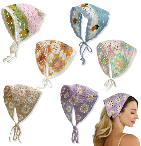 YinnFeen Gehäkelte Bandanas, 6 Stück Dreieck Kopftuch, Elastisches Boho Turban Krawatte Haarbänder Gänseblümchen Häkel Bandana Haarband Florales Schal Stirnband für Damen