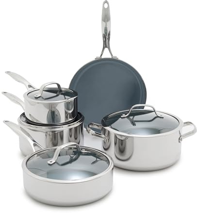 GreenPan Valencia Pro Tri-Ply Stainless Steel 9 Piece Cookware Set, PFAS-Free Ceramic Nonstick Coating, Induction Ready Pots & Pans, All Cooktops, Dishwasher & Oven Safe to 600F