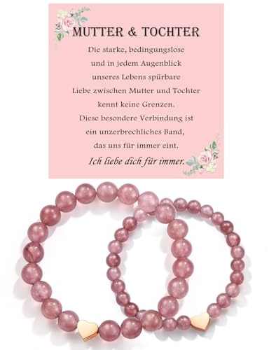 USEEDOVIA Armband für Mutter Tochter Rosa Beads 8 mm & 6 mm Groß Klein Pink Kristallperlen mit Rosegold Charm Herz 2 Stück Armbänder Set Mama Geschenke