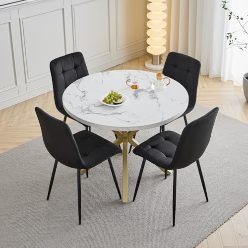 HJhomeheart Esstisch- und Stuhlset, 4 Holländische Samtstühle mit Hoher Rückenlehne und EIN 100 cm Langer Moderner Esstisch, Geeignet für Küchen, Esszimmer und Wohnzimmer-Goldene Tischbeine+Schwarz