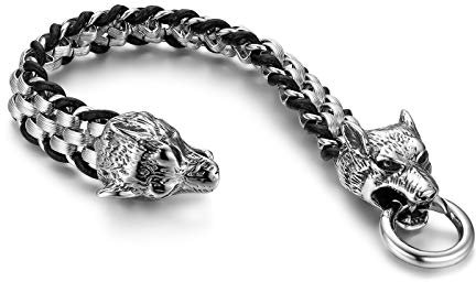 JewelryWe Herren Armband, Retro Punk Rock Doppelt Wolf Kopf Leder Edelstahl Geflochten Kette Armreif, Schwarz Silber