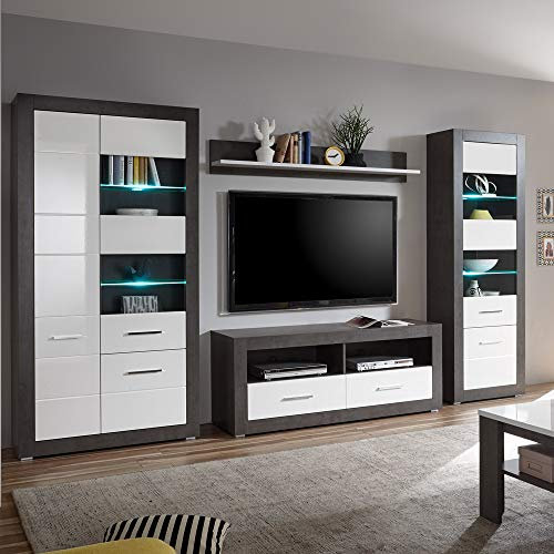 Lomadox Wohnzimmer Wohnwand weiß Hochglanz & Betonoptik dunkel, 2 Standvitrinen mit LED
