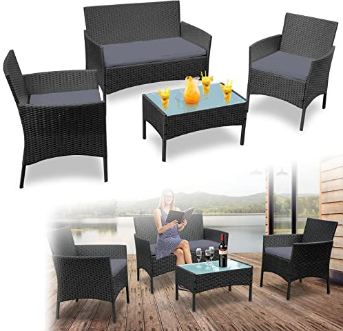 LZQ Gartenmöbel Balkonmöbel-Set Rattan Lounge Polyrattan Tisch MitSofa und 2 Stühlen für Terrasse,Balkon,Garten,Anthrazit