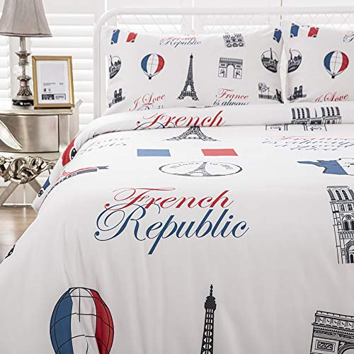 FANSU Bettwäsche-Set, Wahrzeichen der Stadt Drucken Schlafzimmer Mikrofaser Bettwäsche Set - Kissenbezug + Bettbezug mit Reißverschluss Schließung (Frankreich,135x200cm)