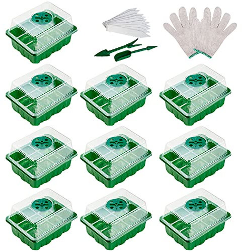 10 Piezas Bandejas Semilleros de Germinacion de Plastico, 12 Células Plántulas Bandejas de Semillas con Etiquetas Herramienta de Plantación y Trasplante para Brotado Cultivo de Invernadero Huerto