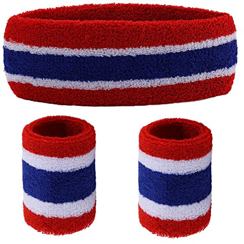 3 Stück Schweißband Set Beinhaltet 1 Sport Stirnband und 2 Sport Armbänder Rot Blau Weiß Gestreiftes Sport Schweißband Herren und Damen Accessoires