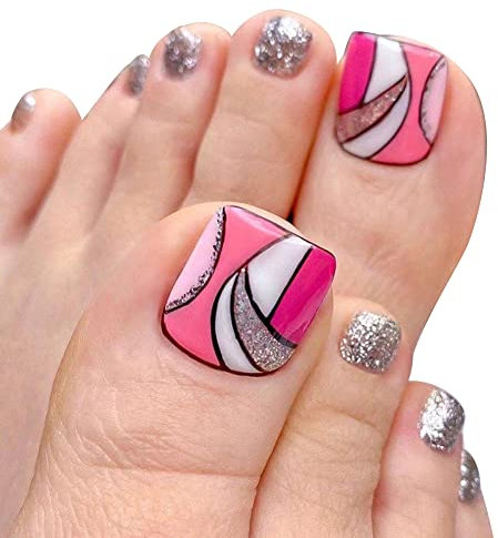 24 Stück Falsche Zehennägel zum Aufkleben Kurze Gefälschte Französische Zehennägel voller Acryl Künstlich Fußnägel Tips Press on Zehennägel für Nagelstudio DIY Dekoration Für Frauen,Rose