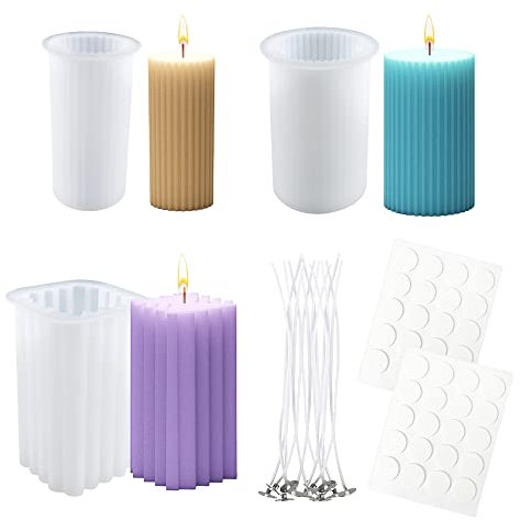 Yayatty 3 PCS Cylinder Candle Molds Silicone, 3D Stripe Candle Molds, Resin Casting Candles Epoxy Mould for Resin with Cotton Candle Wicks for Aromatherapy Candle Soap Making Home DéCor
