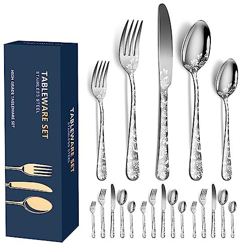 Aoresac Juego de Cubiertos de Acero Inoxidable para 4 Personas, 20 PCS, Patrón Pulidos Con Espejo de Flores, Incluye Cuchillo, tenedor, Cucharaditas para Cocina Restaurante Fiesta (Plata)