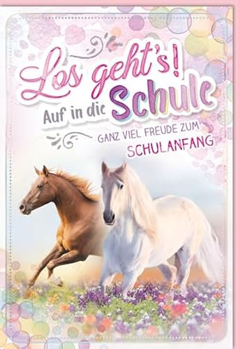 KE - Zauberhafte Glückwunschkarte zur Einschulung eines Mädchen, hochwertige Folienprägung, B6 Format 17,0 x 11,5 cm, inklusive passendem Umschlag, Karte zum Schulanfang, Motiv: Pferde