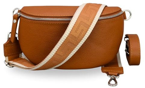 BRISE Bauchtasche Damen Echtleder SAHEL Silber Handgemachte Umhängetasche Crossbody Bag Hüfttasche mit Ledergurt + Optionalen Breiten Gemusterten Riemen Made in Italy (Cognac Braun-Silber 2)