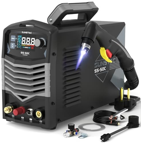 Sunstac Plasma Cutter, Non-Touch Pilot Arc 50Amps Non-High Frequency Plasma Cutting Machine with Large LCD Display 110/220V Dual Voltage IGBT Inverter 4/5 Inch Max Cut 2T/4T, for Beginners DIY