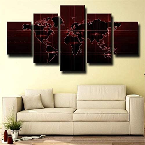 Leinwand Wandkunst, 5 Stück Weltkarte Dunkelrot Rahmenlos 150 X 80 Cm Malerei Hd Poster Ölgemälde Kunst Auf Leinwand Wandbilder For Wohnzimmer Esszimmer Hauptdekoration Leinwand Gemälde