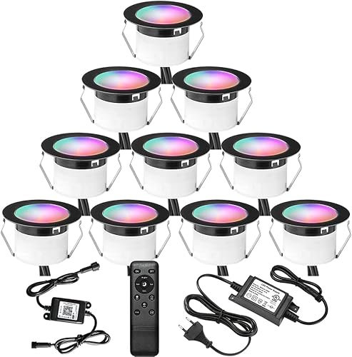 10er Terrasse bodeneinbaustrahler aussen RGBW-WiFi Ø45mm led einbaustrahler außen 12v Terrassenbeleuchtung mini led spot Boden mit Fernbedienung, wasserdicht IP67, Kompatibel mit Alexa Google Home