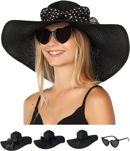 DRESHOW Damen Breit Krempe Strohhut Faltbar Schutz Strandhut Elegant Sommer Hut Sonnenhüte UPF 50+