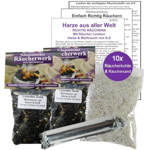 Lourdes Gold Kirchenweihrauch 2 x 50ml WEIHRAUCH Harz mit Styrax 6-TLG Räucherset zum räuchern & Ausräuchern für Haus, Wohnung, Rauhnächte. Räucherwerk mit Räucheranleitung 81670-39