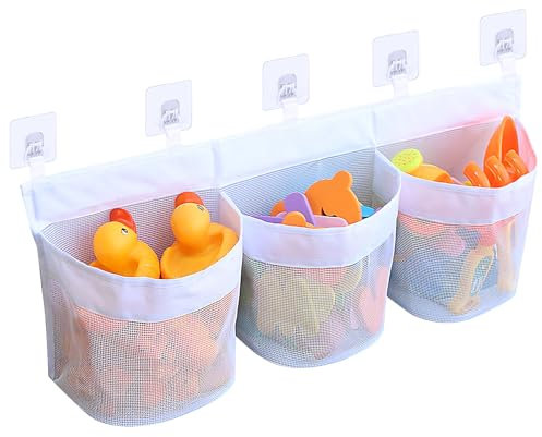 YHSKJCD Bath Toys Organizer Net, Large Hanging Storage Holder with 3 Compartment 60cm Quick Drying Tidy Mesh Bag for Bathroom Toy with 5 Strong Self Adhesive Hooks