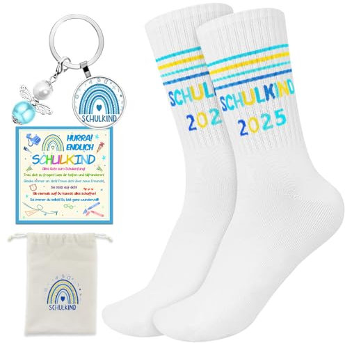 HANGGON Socken Schulkind 2025 Junge Mädchen,Einschulung Geschenk Baumwolle Socken mit Schutzengel Schlüsselanhänger, Grußkarte, Tasche mit Kordelzug,Schultüte Füllung Schulanfang Geschenk