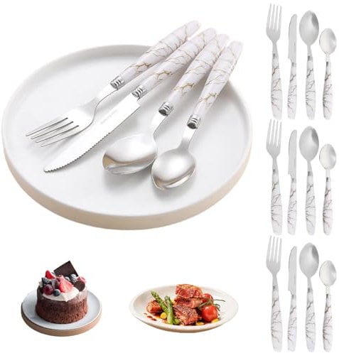 16PCS/Set Knife and Fork Sets, Stainless Steel Cutlery with Marble Handle for 4, Easy Clean Flatware