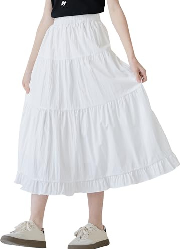 Maeau Mädchen Langer Rock Boho Sommer Teenager Lange Röcke Strand Lang Kinder Sommerrock Elegant Midi 7 8 Jahre Midirock Leicht Chiffon 130 Maxirock Plissee A Linie Freizeitrock Luftig Maxi Weiß