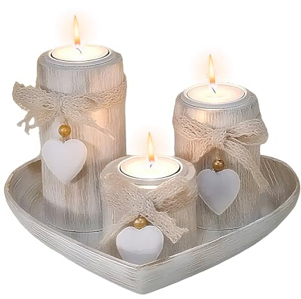 3 PCS Wooden Candle Holders, Living Room Accessories, Candle Holders for Pillar Candles, Tealight Candle Holders with Tray, Vintage Heart Shaped Candle Holders Set, Wedding Gifts, New Home Gifts