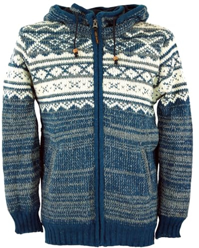Guru-Boutique, Cardigan à Motif Norvégien, Gilet en Laine, Veste Népalaise Bleue, Modèle 22, Size:XL, Vestes, Cardigans et Ponchos