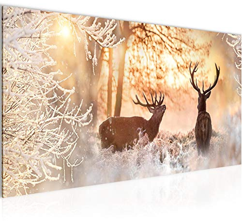 Runa Art Wandbild Winter Hirsch 1 Teilig 100 x 40 cm Modern Bild auf Vlies Leinwand Wald Natur Wohnzimmer Schlafzimmer Beige 003912a